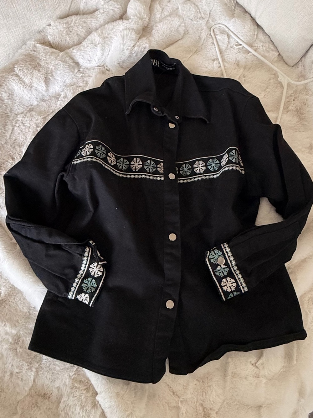 Zara Black Embroidered Snap-Front Jean Jacket